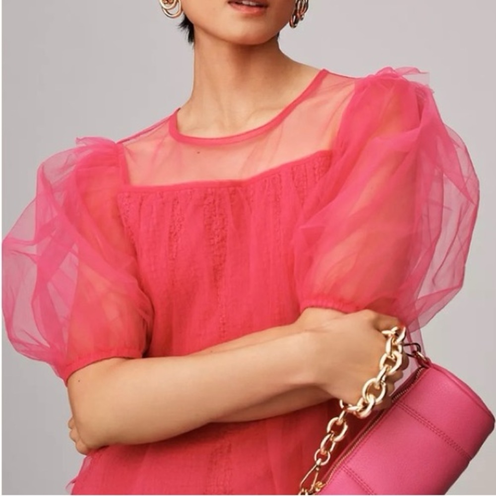 Anthropologie Pink Sheer Puff-Sleeve Top 🩷